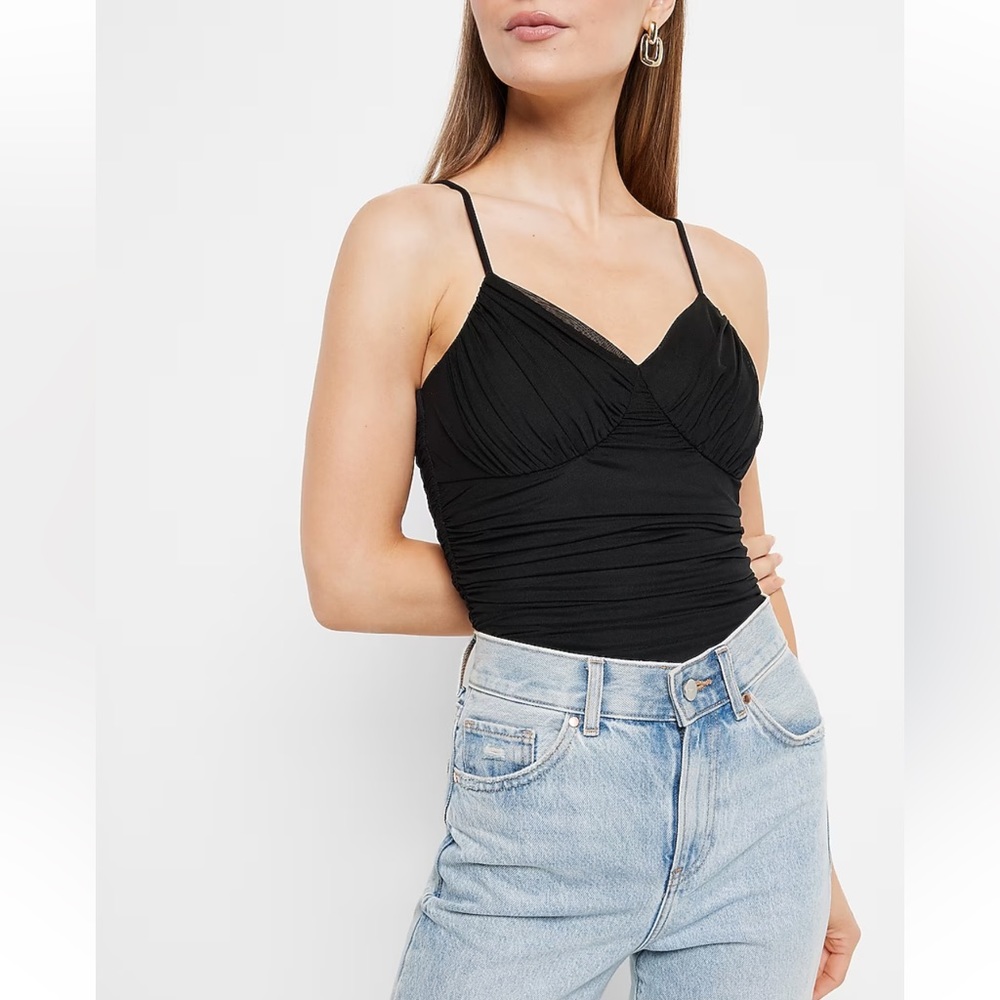 Body Contour Ruched Mesh V-Neck Bodysuit